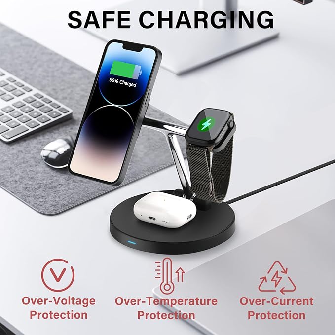 3 in 1 Charging Station for Apple Devices,Magsafe Wireless Charger for iPhone 16/15/14/13/12 Series,& AirPods,& iWatch- Ideal for Nightstand or Desk(18W USB-C Charger Included)