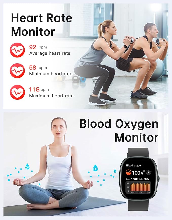 HUAKUA Smart Watches for Women Men Compatible with iPhone/Android Phones Answer/Make Calls, 1,85" HD Fitness Tracker with Heart Rate/Sleep Monitor Pedometer for Walking Running, Waterproof, Black