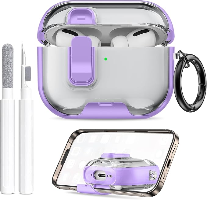 for AirPods Pro 3 Case (2025) with Phone Stand & Cleaner Kit, Cute Soft Silicone Cover for AirPods Pro 3rd Genera case with Keychain for Women Men with Keychain for Airpod Pro case(2025) Light Purple