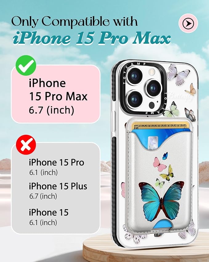 Toycamp for iPhone 15 Pro Max Case - Compatible with Magsafe Credit Card Holder Wallet Magnetic Cute Women Teen Girls Kawaii Girly Unique Butterfly Design Phone Cover for Apple 15 Promax 6.7"