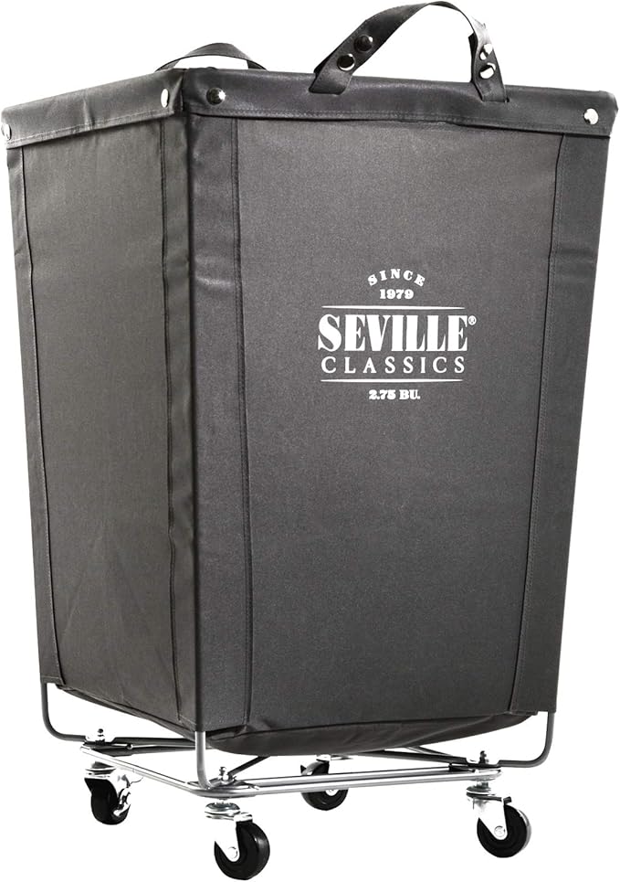 Seville Classics Large Commercial Heavy Duty Rolling Steel Frame Laundry Hamper Canvas Cart Bin, w/ Wheels for Hotel, Home, Closet, Bedroom (PATENTED), Gray, 18.1" D x 18.1" W