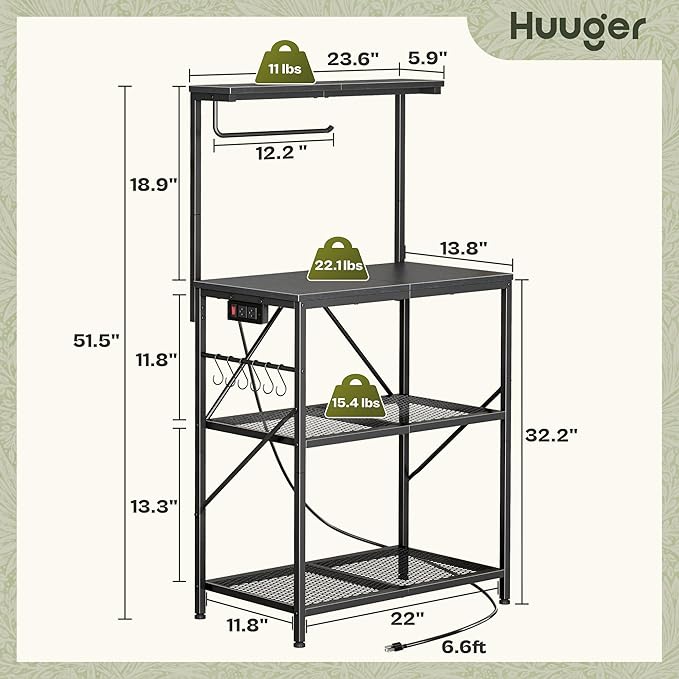 Huuger 4-Tier Bakers Rack with Reversible Power Outlet, 23.6 Inch Microwave Stand with Paper Towel Holder, Kitchen Bar, Larger Storage with Top Shelf, 6 S Hooks, Black