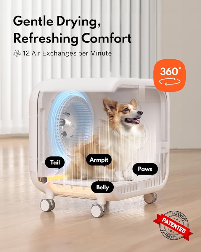 HomeRunPet Drybo Ultra Pet Dryer Box - Ultra Quiet, Smart Temperature Control, 360° Efficient, 4 Locking Swivel Casters for Dogs, Cats and Multi-Pet Families, 135L