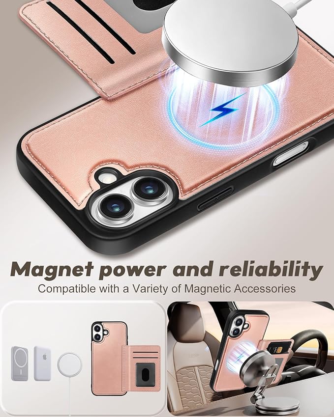 for iPhone 17 Case with Wallet - Fits 4 Card Slots, Compatible with MagSafe for Women Aesthetic Durable PU Leather Credit Card Holder Kickstand Phone Cover for Apple 17, Rose Gold