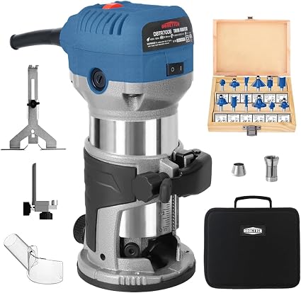 Dobetter 1.25HP Wood Router Tool, 6.5Amp Electric Trim Router, 6 Variable Speed Compact Palm Router Woodworking with 1/4" & 3/8" Collets, 12 Wood Router Bits and Portable Bag