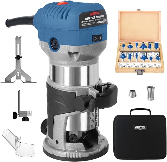Dobetter 1.25HP Wood Router Tool, 6.5Amp Electric Trim Router, 6 Variable Speed Compact Palm Router Woodworking with 1/4" & 3/8" Collets, 12 Wood Router Bits and Portable Bag