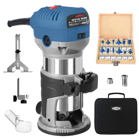 Dobetter 1.25HP Wood Router Tool, 6.5Amp Electric Trim Router, 6 Variable Speed Compact Palm Router Woodworking with 1/4" & 3/8" Collets, 12 Wood Router Bits and Portable Bag -DBTR700B