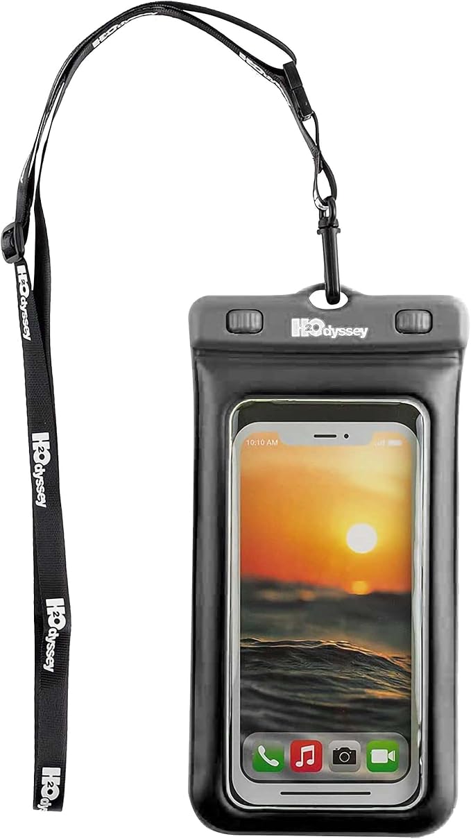 H2ODYSSEY Waterproof Phone Case and Lanyard - Excellent Waterproof Protection - Floats in The Water -Lanyard for Beach Kayak Travel - Universal Size - Black