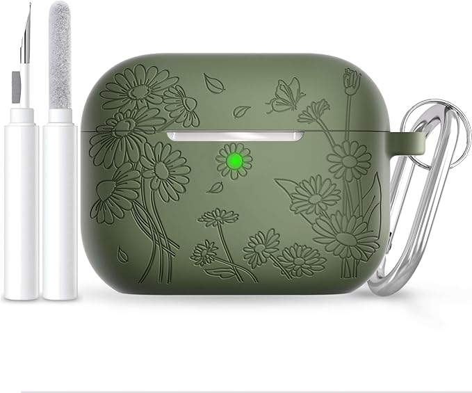 for AirPods Pro 3 Case (2025) DamonLight Daisy Floral Engraved Shockproof Protective Soft Silicone Case Cover with Cleaning Pen and Keychain for Apple Airpods Pro 3rd Generation (Olive Green)