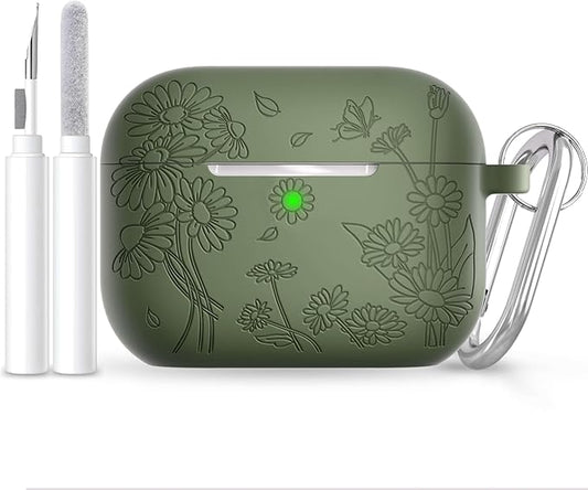 for AirPods Pro 3 Case (2025) DamonLight Daisy Floral Engraved Shockproof Protective Soft Silicone Case Cover with Cleaning Pen and Keychain for Apple Airpods Pro 3rd Generation (Olive Green)