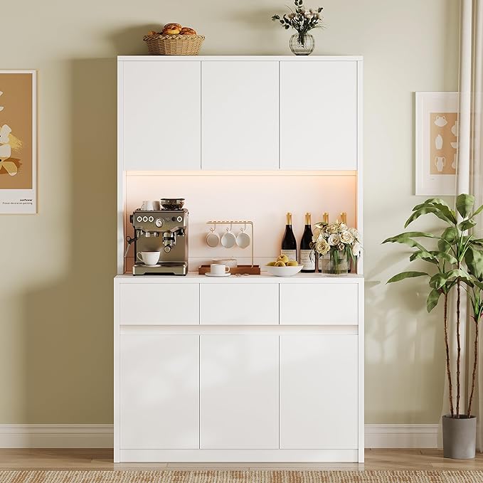 71" Tall Kitchen Pantry Cabinet, Adjustable Shelves & Doors and Three Drawers, Microwave Shelf, Coffee Bar with LED Lights & Charging Station, Corner Storage Hutch for Living Room, White