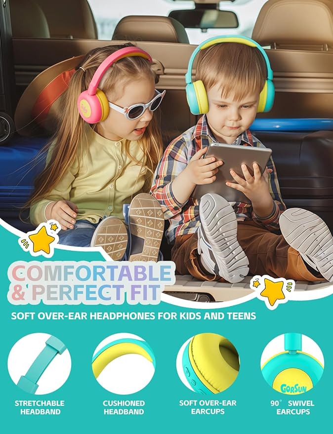 gorsun Kids Bluetooth Headphones,Toddler Headphones with Microphone,85dB Volume Limited,Bluetooth 5.3 Twistable Lightweight Kids Wireless Earphones for Boy Girl Tablet Travel School