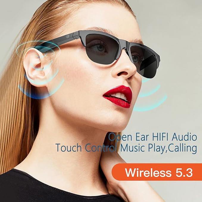 F06 Smart Glasses Open Ear Bluetooth Sunglasses for Men Women 5.3 Bluetooth Smart Sunslasses Touch Control Music Calling with UV Filtered Lenses, Storage Case for Outdoor Running Cycling