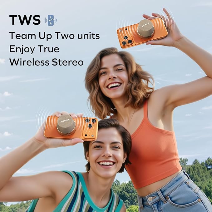 MOMAX Magnetic Mini Bluetooth Speaker, IPX6 Waterproof, 12H Playtime, TWS True Wireless Stereo, USB-C Rechargeable, Portable Shower & Outdoor Speaker, Bass-Enhanced, Call Function, Travel & Gift Ideas