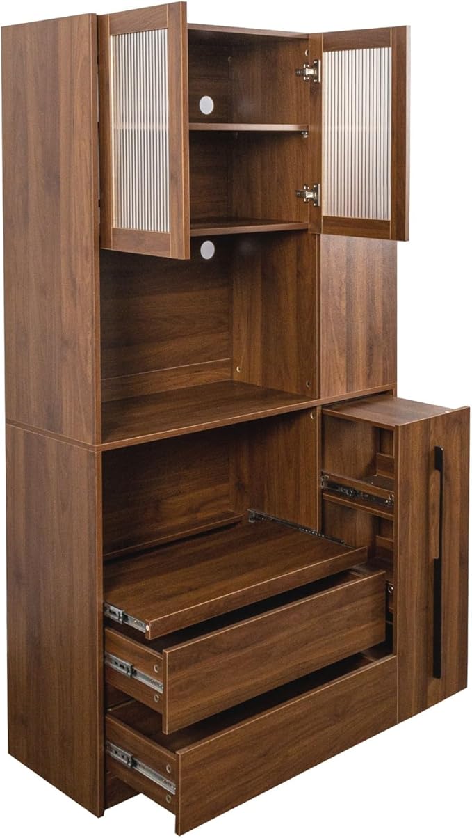 KEIKI 70.87" Tall Kitchen Pantry Storage Cabinet with Multi-Functional Pull-Out Shelf, Side Shelves, 2 Drawers, Glass Doors & Microwave Stand, Wood Hutch Food Pantries Cupboard for Dining Room