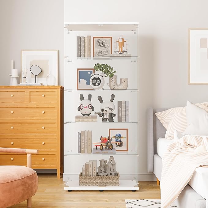 LFT HUIMEI2Y Glass Display Cabinet 5-Shelf with 2 Doors and Lock, Curio Cabinets Upgraded Quick-Install Style Tempered Glass Floor Standing Bookshelf for Living Room, Bedroom, Kitchen White