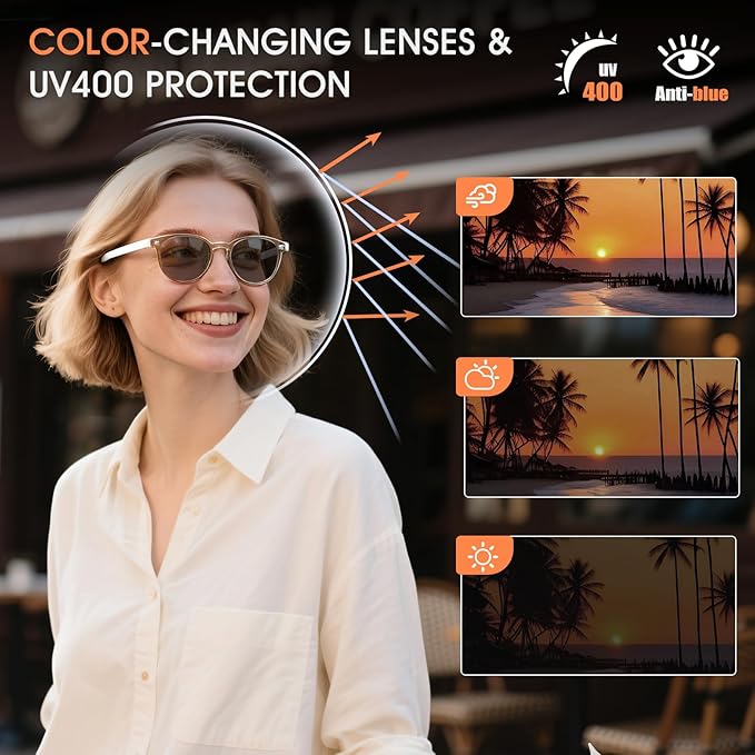 AI Smart Glasses for Women & Men, 140+ Languages AI Translation Glasseswith Open-Ear Stereo Speakers, Indoor/Outdoor Auto-tinting Smart Sunglasses | UV400 Protection & Anti-Blue AI Glasses