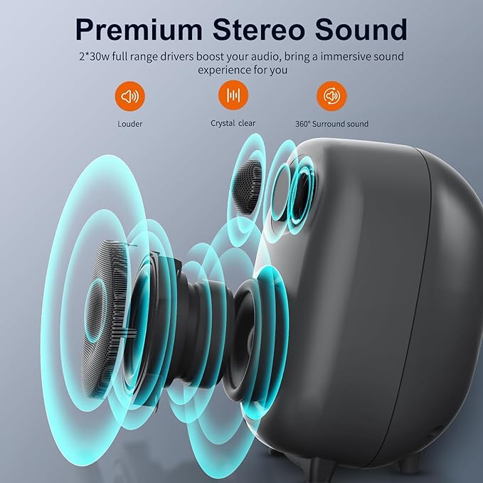 BESTISAN Bookshelf Speakers, 60 Watt Powered Studio Monitor Speaker with Bluetooth 5.0 and Wired Optical Line in Input Port, Deep Bass, 3 Audio Mode Design (Gray)