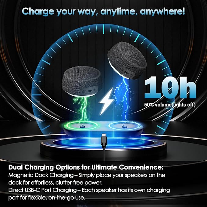Bluetooth Speaker Set with Magnetic Base for Multi Room, TWS Stereo Sound with RGB Lights, 10H Playtime, Dual Bluetooth 5.4 Portable Wireless Speaker for TV,Home Theater, Outdoor, Meeting