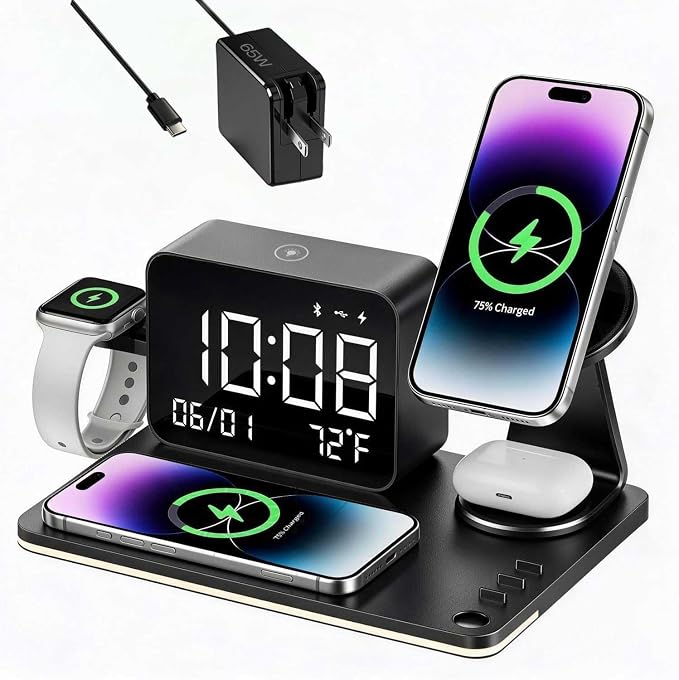 7-in-1 Magnetic Wireless Charging Station with Digital Clock & LED Lamp