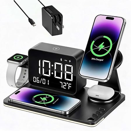 7-in-1 Magnetic Wireless Charging Station with Digital Clock & LED Lamp