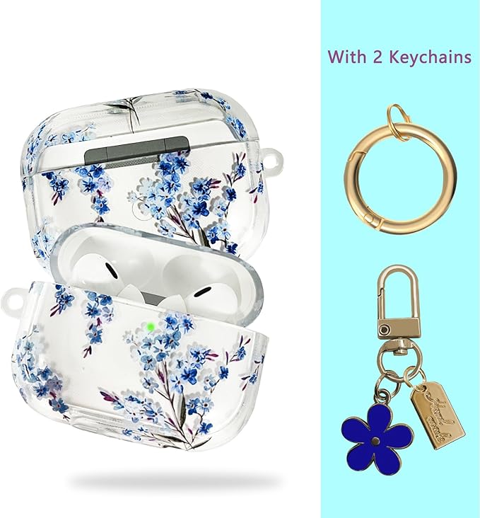 Compatible with AirPods Pro 2 Case Cover 2022, Soft TPU with Cute Flower Pattern for AirPods Pro 2nd/1st Generation Case with Flower Keychain and Carabiner for Girls Women (Midnight Blue)