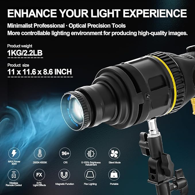 WELLMAKING Optical Snoot Conical HL-800D Kit, Adjustable Focus,with 80W Bi-Color COB LED Continuou Output Lighting Video Artist Modelling Shape Light Studio use with Optical Various Gobos Photography
