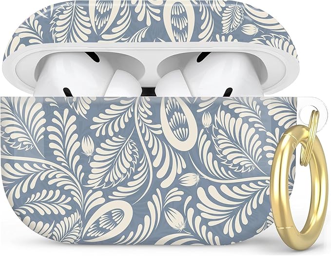 Compatible with AirPod Pro 2nd/1st Generation Case Cover with Key Chain,Full Protective Shockproof Wireless Headphone Case for Airpod Pro 2023/2022/2019(Blue Leaf)