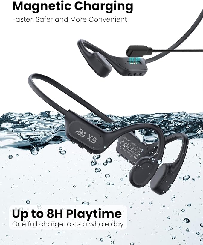 Swimming Headphones-Bone Conduction Headphones, IP68 Waterproof Built-in MP3 Player 32G Memory, Underwater Swimming Bluetooth V6.0 Headset, Wireless Open Earphones, for Running, Cycling (Black)