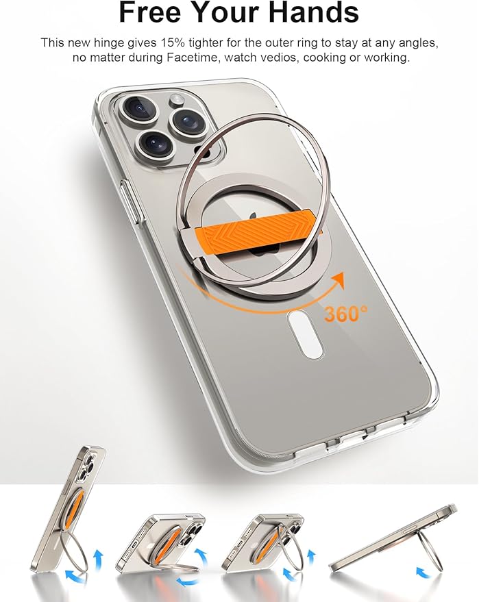 EWA MagOne 2nd Gen [Compatible with MagSafe] Phone Grip Stand with Replaceable Silicone Finger Strap, Magnetic Ring Holder Kickstand Loop, for iPhone 16,15,14,13Pro/ Max/Plus-(Gold-Orange)