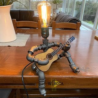 Steampunk Guitar Pipe Robot Table Lamp, Adjustable Industrial Water Pipe Desk Lamp with Wooden Guitar & Edison Bulb,Music Lovers, Bedside, Bar Cafe - Cool Unique Gifts - Image 1