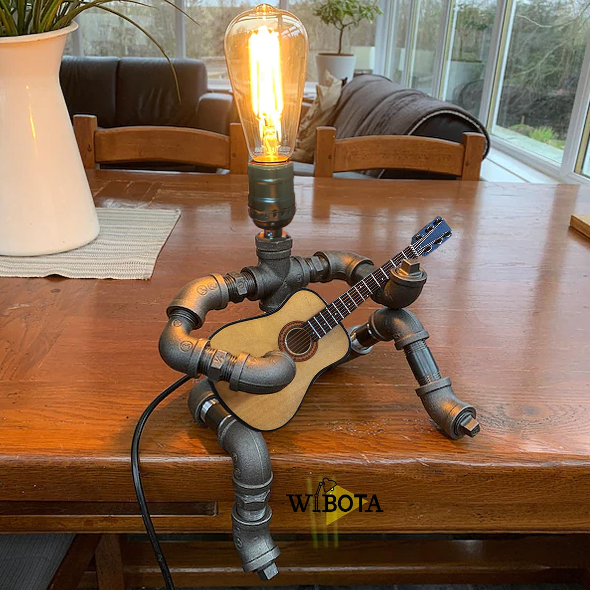 Steampunk Guitar Pipe Robot Table Lamp, Adjustable Industrial Water Pipe Desk Lamp with Wooden Guitar & Edison Bulb,Music Lovers, Bedside, Bar Cafe - Cool Unique Gifts