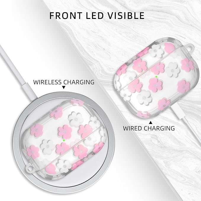 Compatible with AirPods Pro 2 Case Cover 2022, Soft TPU with Cute Flower Pattern for AirPods Pro 2nd/1st Generation Case with Flower Keychain and Carabiner for Girls Women (Pink)