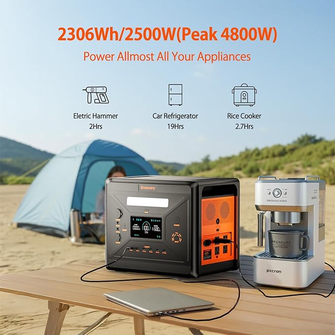 Greenery 2500W Portable Power Station, 2304Wh Solar Generator With 200W Solar Panel, LiFePO4 Battery 1.5Hrs Fast Charging, 4 AC Outlets (Peak 5000W) Power Station for Home Camping Outdoor Backup