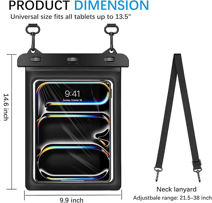 Universal iPad Waterproof Case, Dry Bag Pouch for ipad Pro 13’’/12.9" ipad air 13" /11" Galaxy Tab S10FE+ 13.1"/S9FE+/S8EF/S7FE 12.4" Galaxy Tab S10+/S9+/S8+ 12.4", Tablets up to 13.5 inch