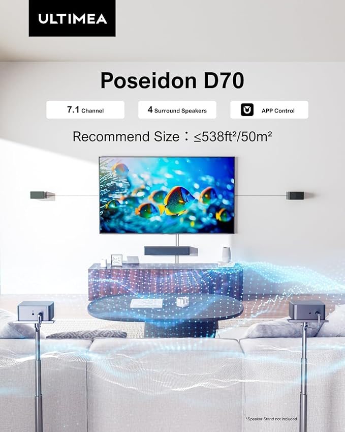 ULTIMEA 7.1ch Sound bar with Wireless Subwoofer, Virtual Surround Sound System for Smart TV, 4 Wired Surround Speakers, 410W Peak Power, App Control, Home Theater Sound System Poseidon D70, 2025 Model