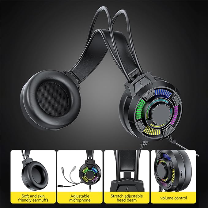 USB Wired Gaming Headset, RGB Lighting Gaming Headphones with 7.1 Surround Sound, 50mm Drivers, Over Ear Comfort, Lightweight, for PC