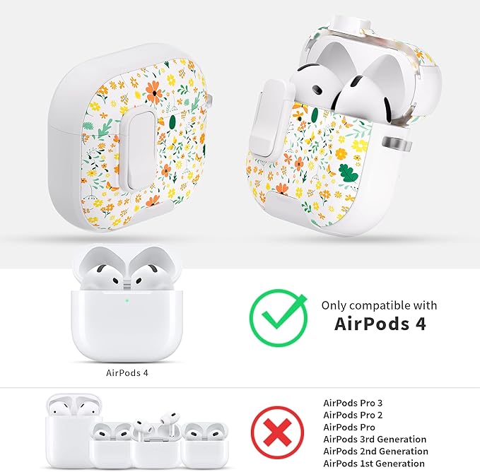 for AirPods 4 Case with Secure Lock Clip in Phone Stand,Floral Girly Style Protective Cover with Cleaning Kit and Hand Strap for Apple AirPod 4 Generation (Four-Leaf Clover)