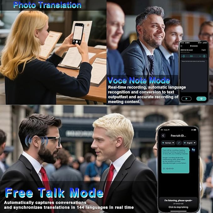 Ai Translation Smart Glasses with ChatGPT,Bluetooth Glasses with 164+ Language Translation,Translator Glasses Physical Color-Change Lenses,Multifunctional Audio Eyewear for Women Men (M01)