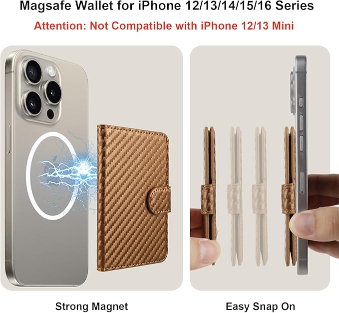 Bocasal for MagSafe Wallet Magnetic Card Holder, RFID Blocking Leather Card Slots for iPhone 17/16/15/14/13/12 Pro/Max/Plus/Air, Adjustable Kickstand Flip Mag Safe Wallet (Carbon Filber Brown)