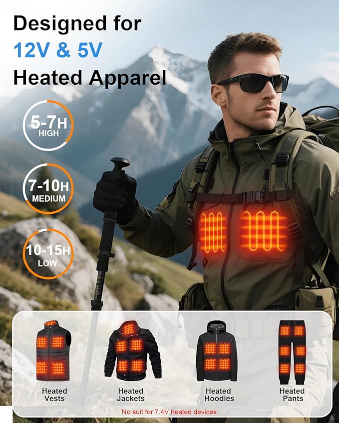 𝟏𝟐𝐕/𝟓𝐕 𝟐𝟎𝟎𝟎𝟎𝐦𝐀𝐡 Heated Jacket Battery Pack - Heated Vest Battery Pack with LED Display and 2 Adapter Cables for Wulcea, ULUSERN, Genovega, and Other Outdoor Heating Coat