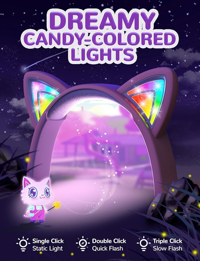 iClever Kids Headphones Cat Ear, LED Light Up, 85dBA Safe Volume, Stereo Sound Toddler Headphones for Travel School, Foldable 3.5mm Wired Kids Headphone for iPad Tablets, Meow Lollipop -Pink