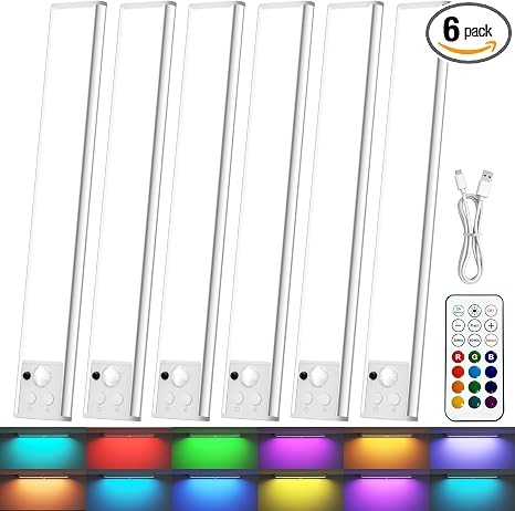 Under Cabinet Lighting Wireless, RGB LED Closet Light Rechargeable, 6 Pack