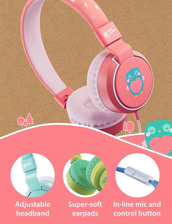 Planet Buddies Kids Headphones, On Ear Wired Headphones for Kids, 85db Volume Limiter, Safe Foldable Wired Earphones for Kids with Microphone, Kids Headset for School, Travel, Pink Owl