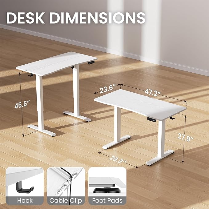 Veken 47.2 x 23.6 Inch Electric Standing Desk with Adjustable Height, Sit to Stand Computer Table for Study, Work or Gaming, Home Office Desk White
