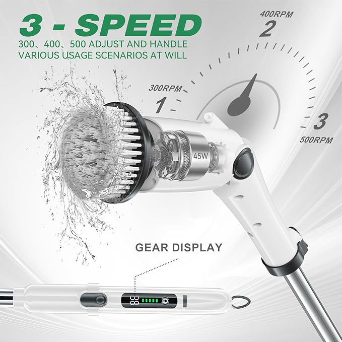 APLUSH Electric Spin Scrubber, IPX7 Waterproof Cordless Bathroom Cleaner Brush, Shower Scrubber with Adjustable Extension Handles 2 Speed, Cleaning Brush for Tub Shower Tile Floor,White
