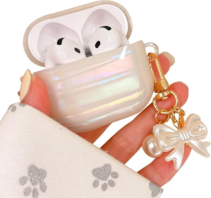 for Airpod 4 Case Cute Luxury Glitter Pearl Shell Protective Cover with Bowknot Keychain Compatible with AirPods 4th Generation Case 2024 for Girls Women (Bow Colorful)