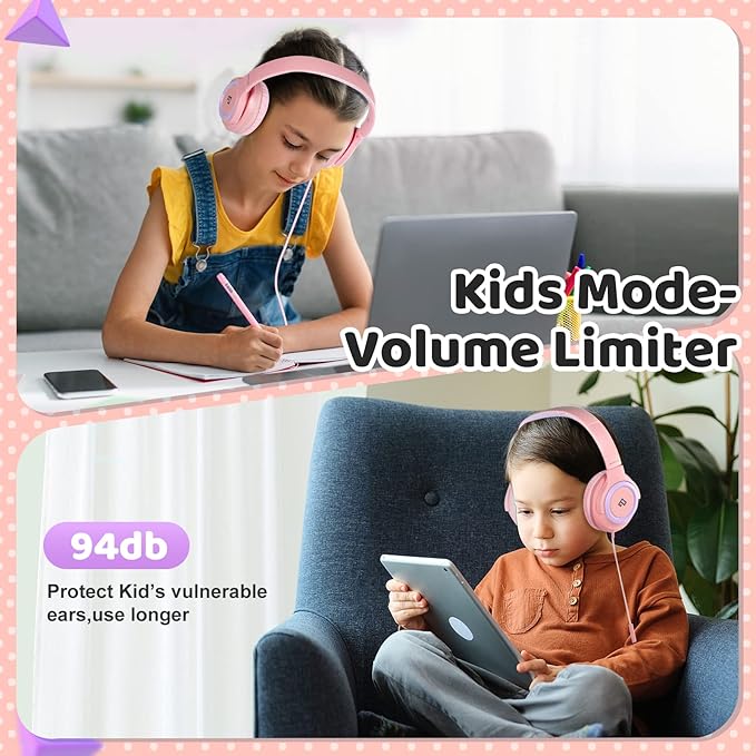 INFURTURE Kids Headphones, Wired Headphones for Kids Over Ear with Microphone, 85/94dB Volume Limiter Headphone for Girls Boys, Foldable Headphone for School, Airplane Travel