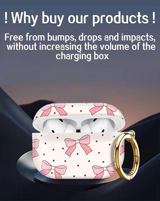 Cute Hard Case Compatible with AirPods Pro 2nd/1st Generation, Protective Cover with Golden Keychain, Fits 2023/2022/2019 Models, for Women, Girls, and Men(Pink Bows with Polkadot