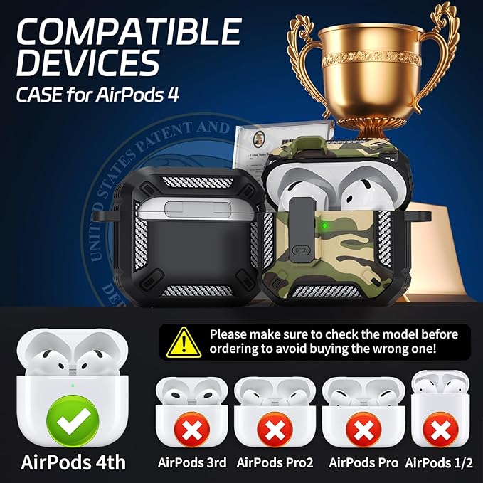 for AirPods 4 Case, Secure Lock Case Cover for Apple Airpods 4 with Active Noise Cancellation 2024, Case for Airpods 4 with Cleaner Kit and Keychain，Powerful Drop Protection